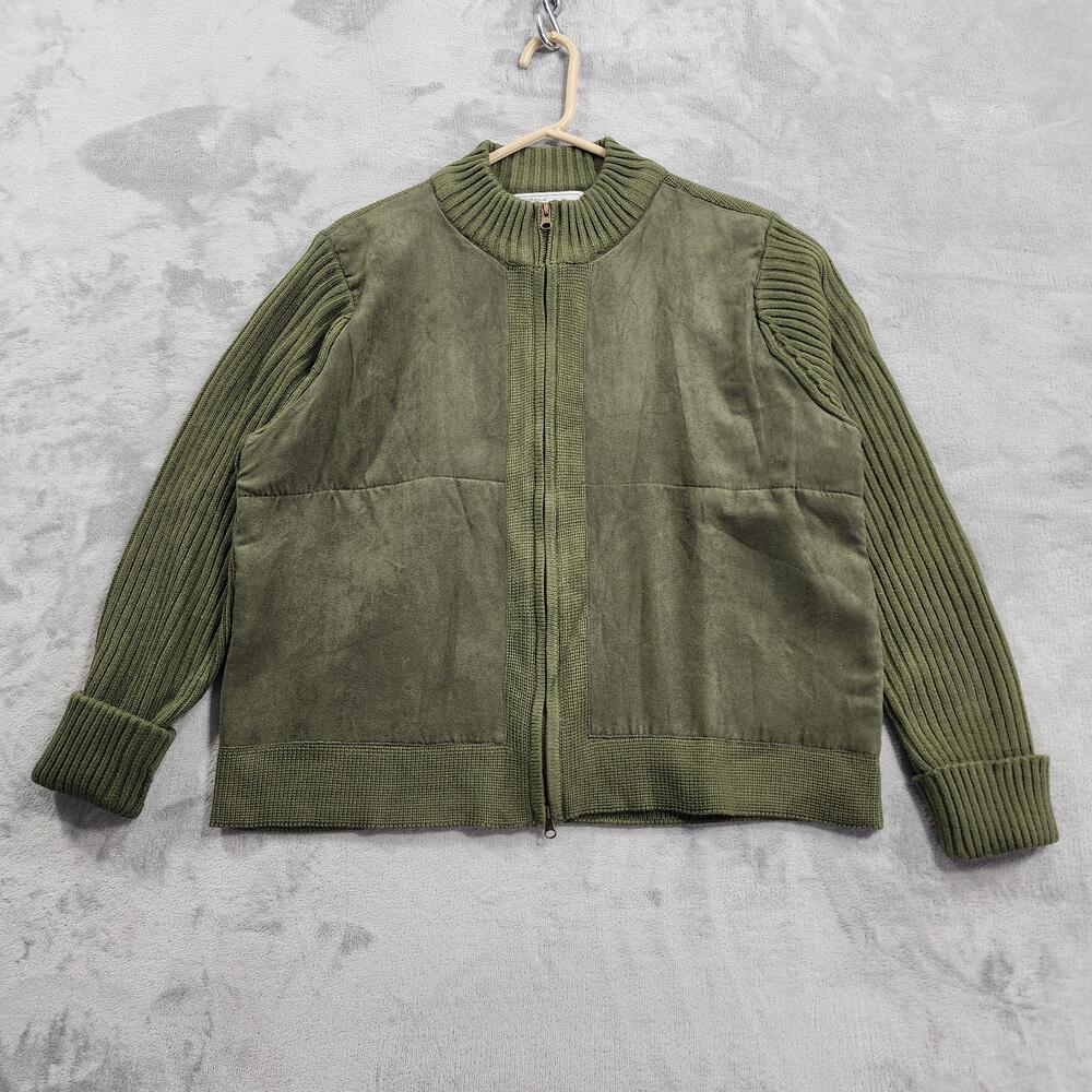 NEW Vintage Sarah Bentley Sweater Womens L Green Faux Suede Full Zip Mock Neck
